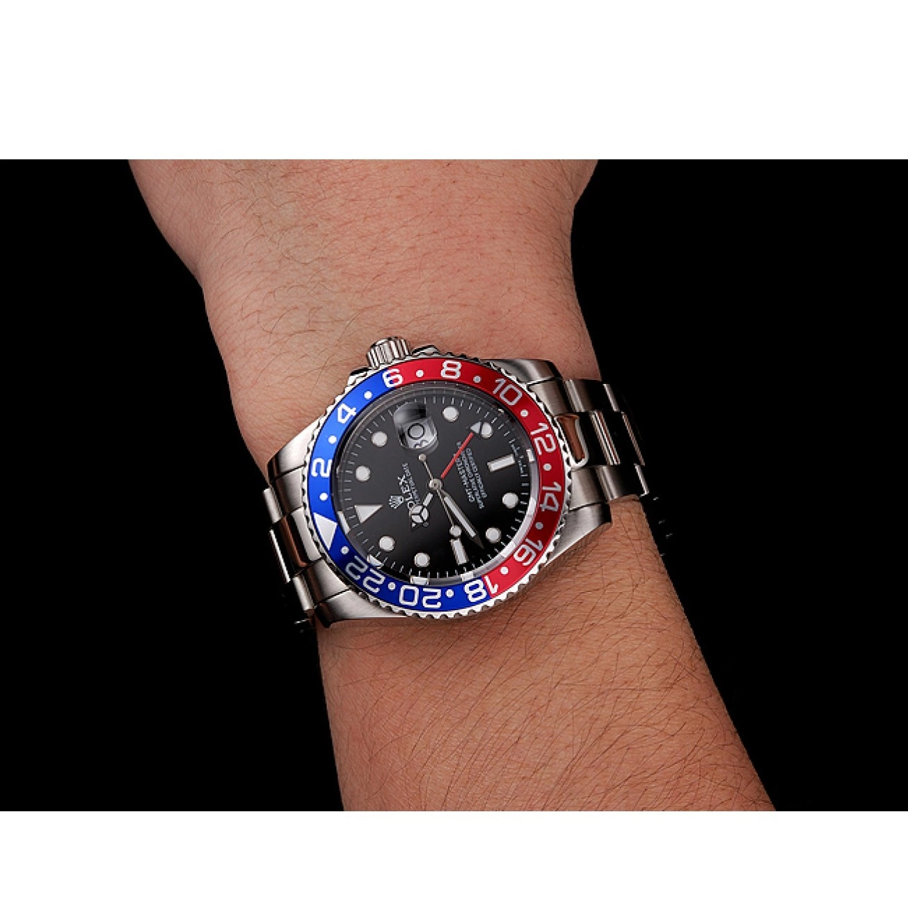 Aaa replica watch Swiss Rolex And Bracelet GMT Stainless II Pepsi 1453751 Master Steel Black Bezel Case Dial 0802